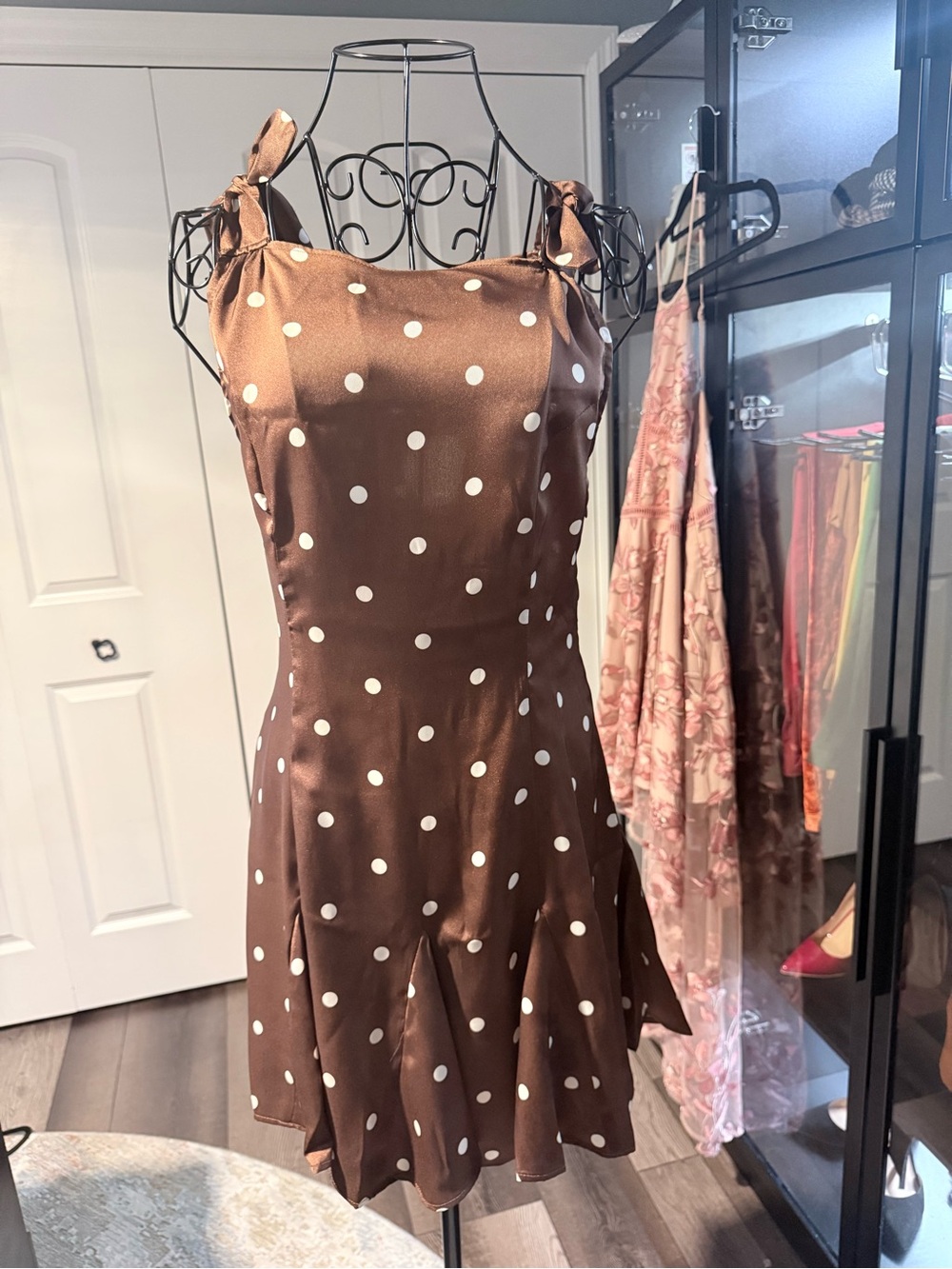 Camila Coelho Brown and White Polka Dot Tie-Strap Mini Dress